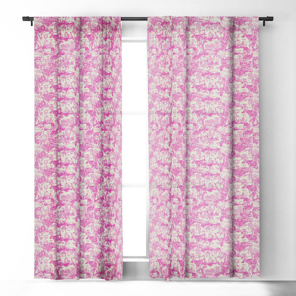 Rachelle Roberts Farm Land Toile In Pink Blackout Window Curtain