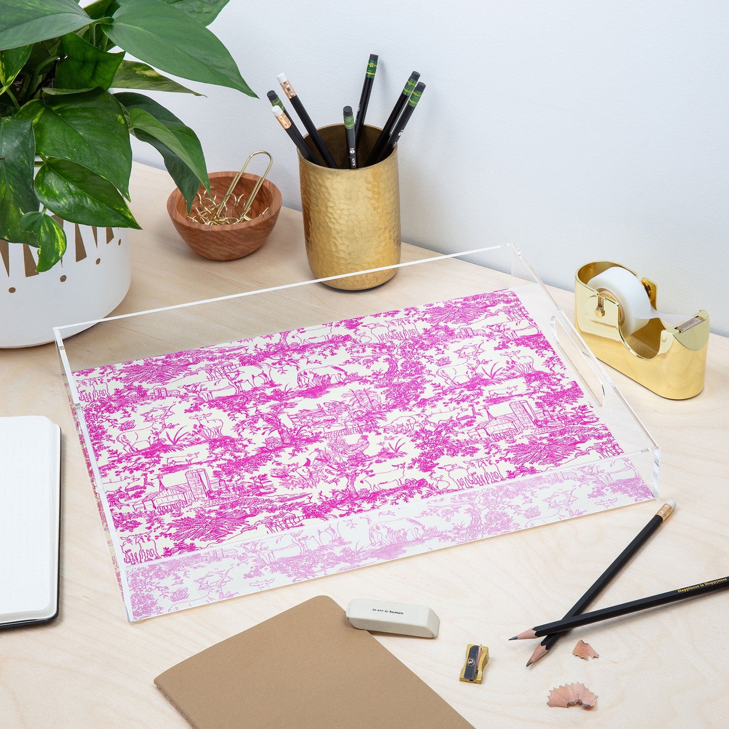 Rachelle Roberts Farm Land Toile In Pink Acrylic Tray