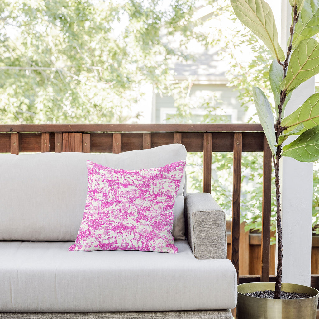 Rachelle Roberts Farm Land Toile In Pink Outdoor Throw Pillow