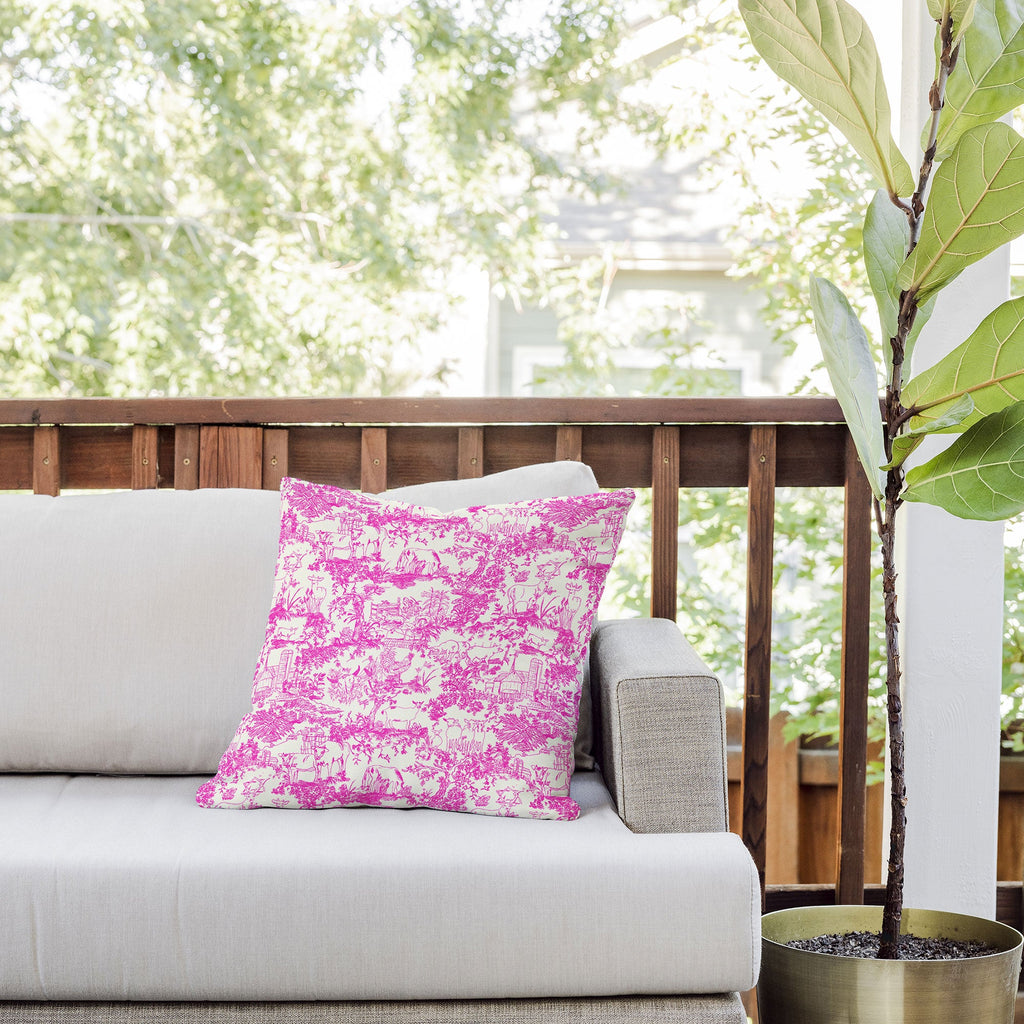 Rachelle Roberts Farm Land Toile In Pink Outdoor Throw Pillow