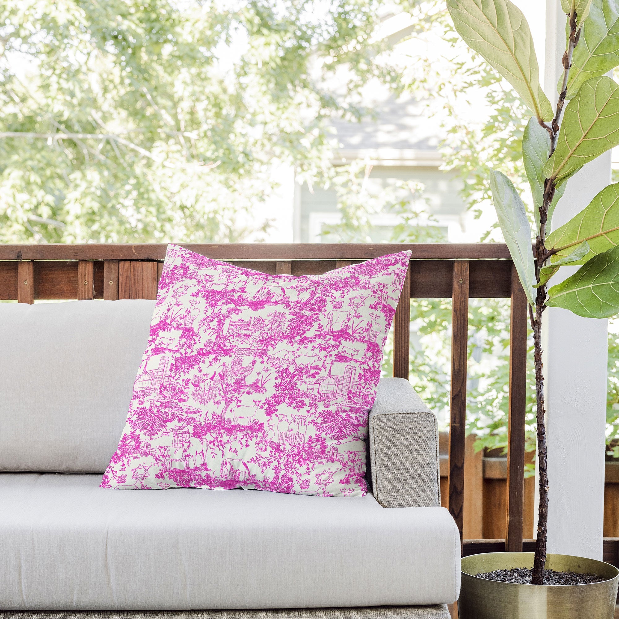 Rachelle Roberts Farm Land Toile In Pink Outdoor Throw Pillow