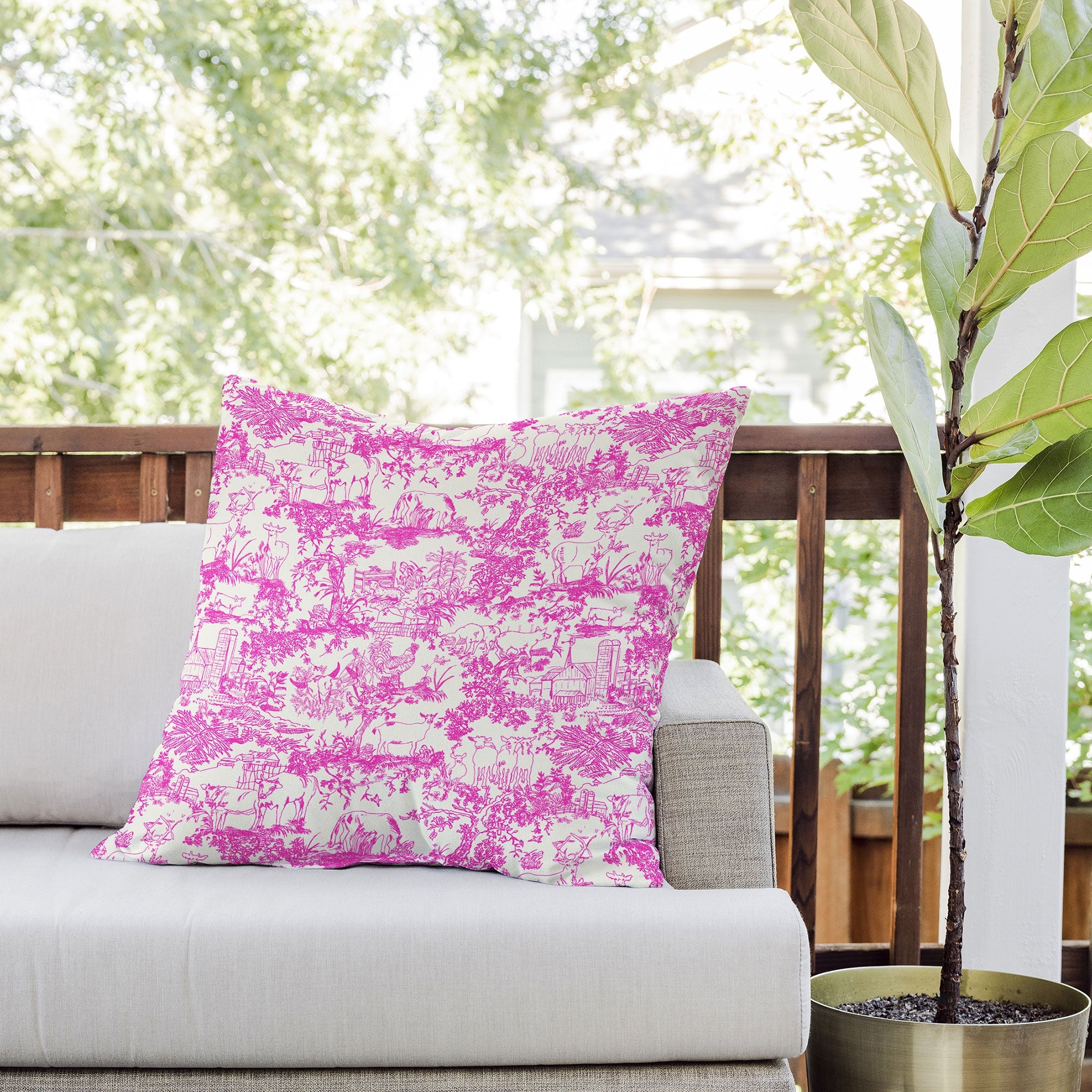 Rachelle Roberts Farm Land Toile In Pink Outdoor Throw Pillow