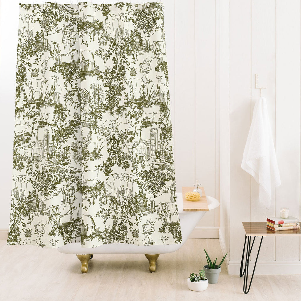 Rachelle Roberts Farm Land Toile In Vintage Green Shower Curtain