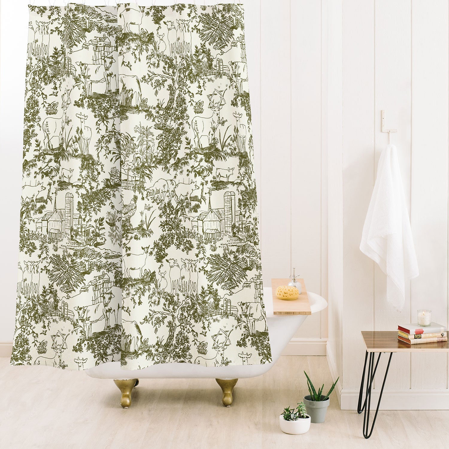 Rachelle Roberts Farm Land Toile In Vintage Green Shower Curtain