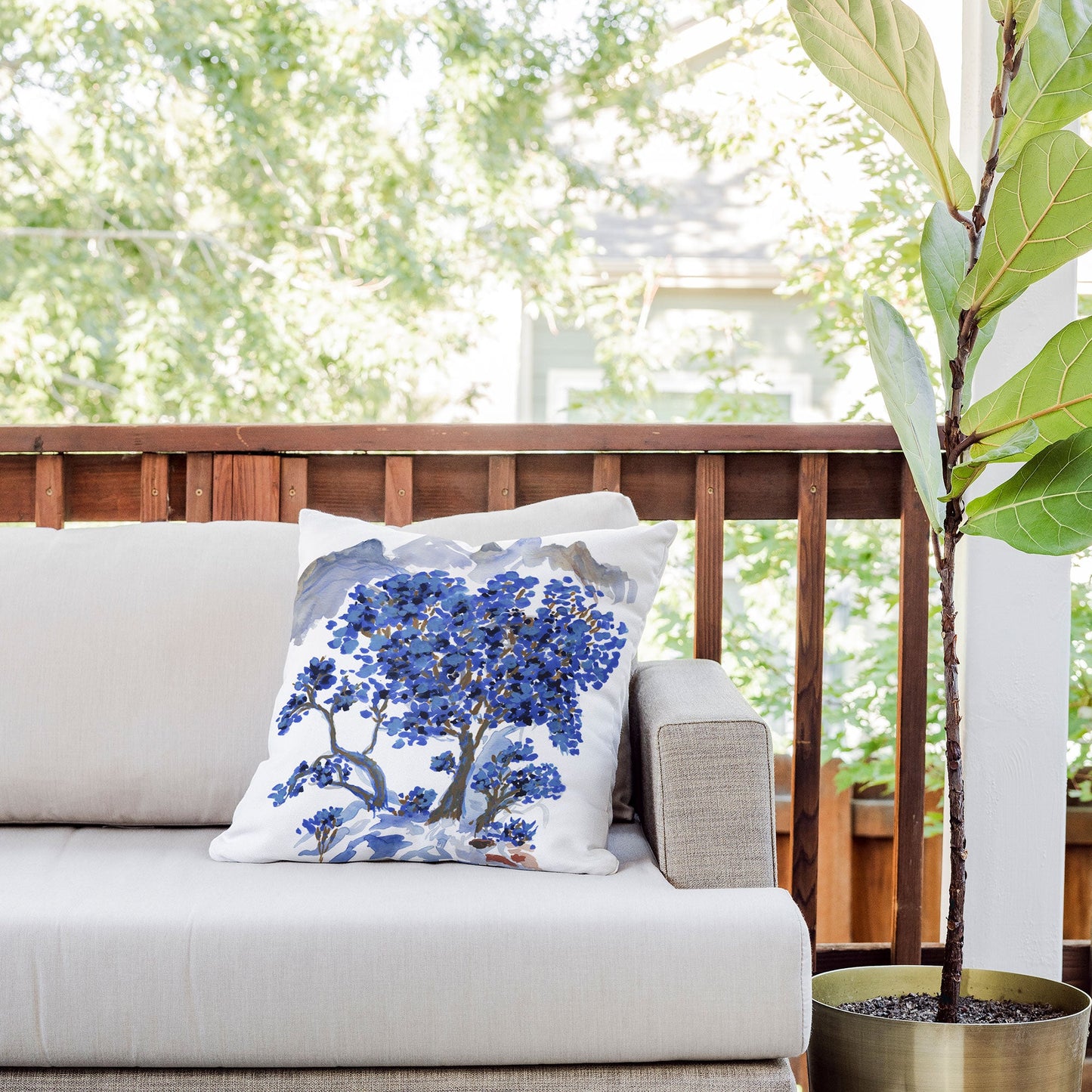 Rachelle Roberts Misty Blue Mountain Outdoor Throw Pillow