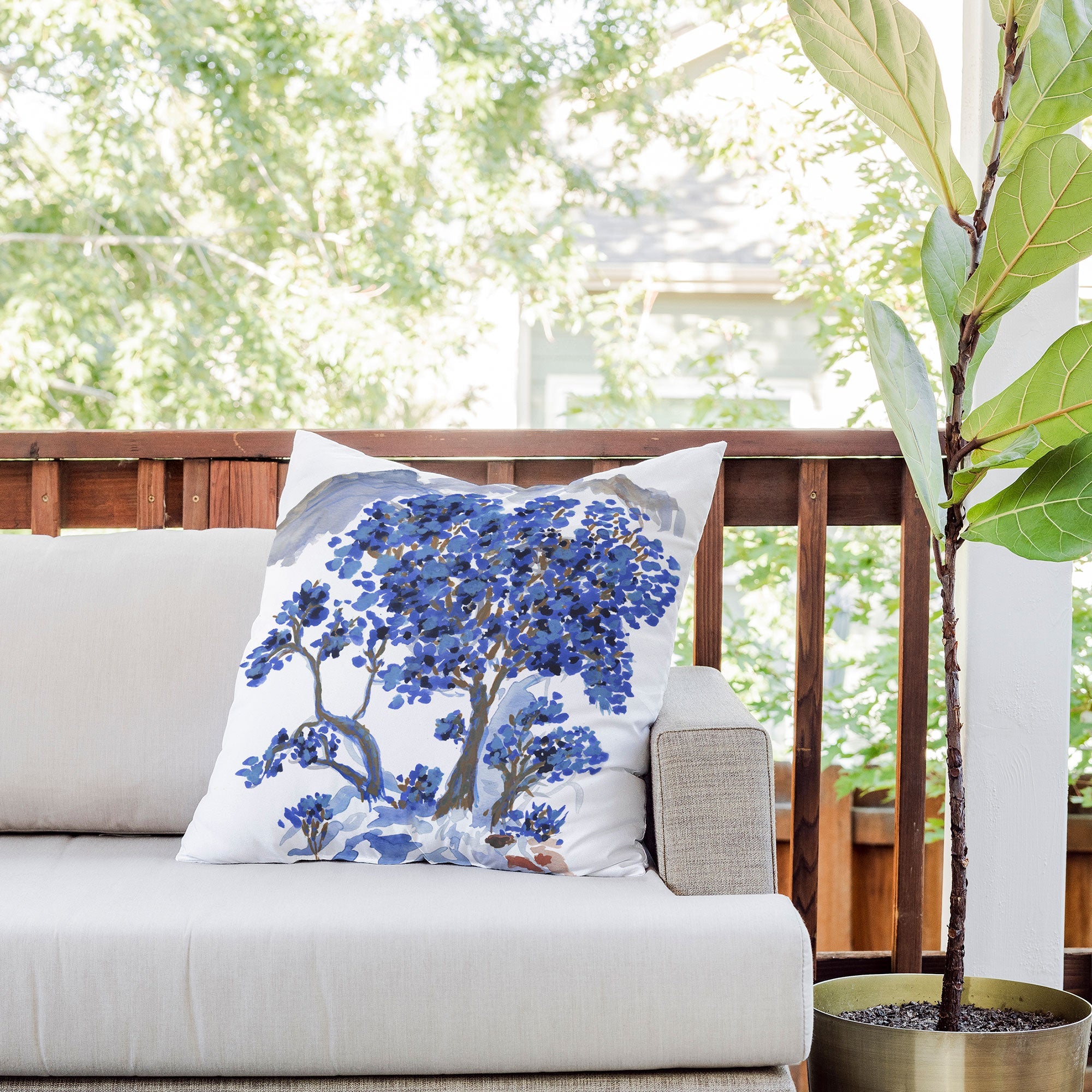 Rachelle Roberts Misty Blue Mountain Outdoor Throw Pillow