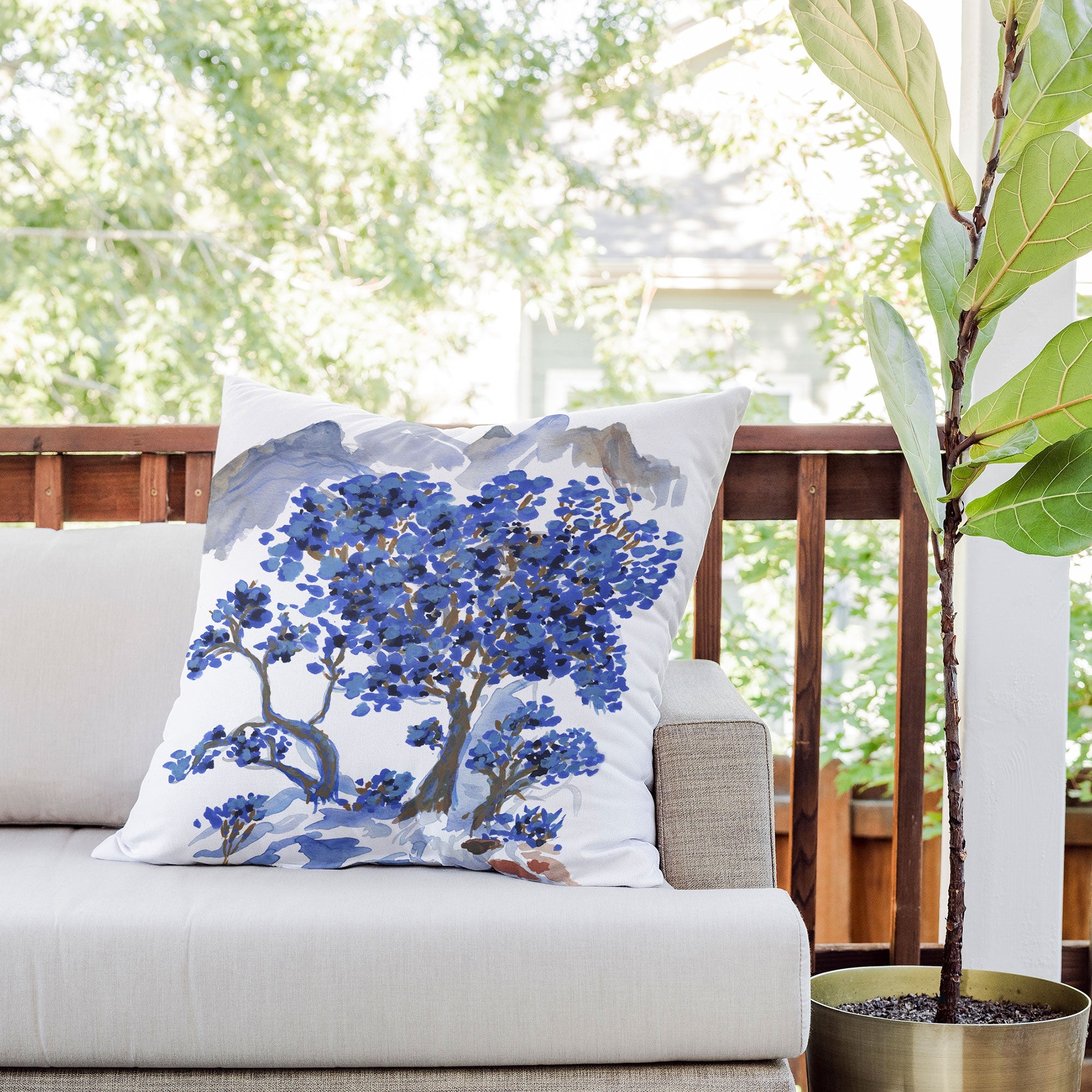 Rachelle Roberts Misty Blue Mountain Outdoor Throw Pillow