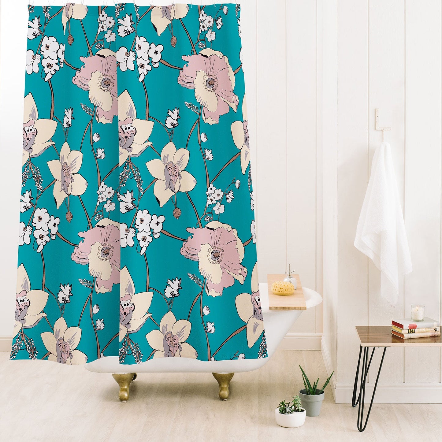 Rachelle Roberts Painted Poppy In Turquoise Shower Curtain
