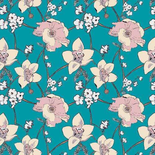 Rachelle Roberts Painted Poppy In Turquoise Shower Curtain