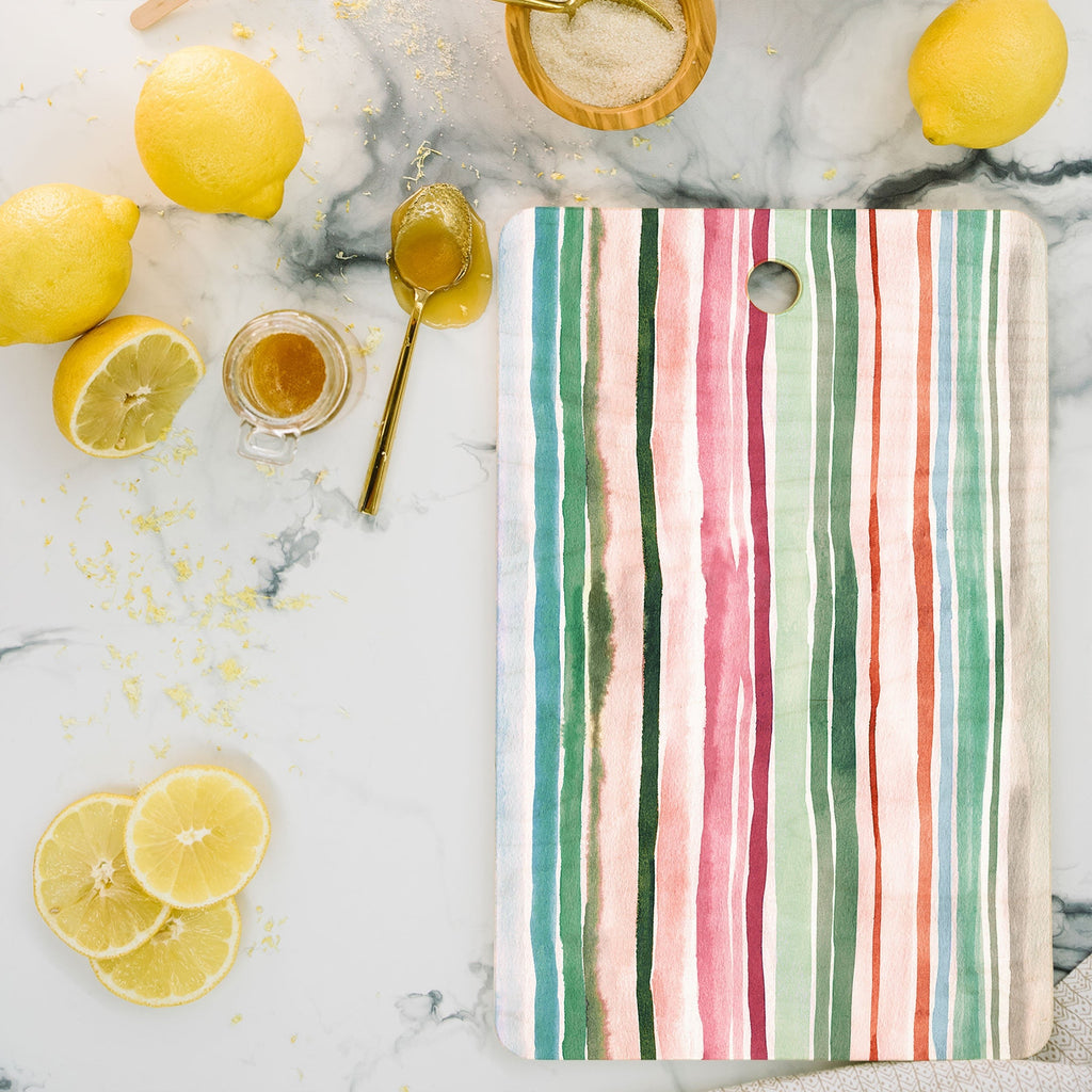 Ninola Design Botanic Retreat Watercolor Stripes Green Orange Red Cutting Board Rectangle