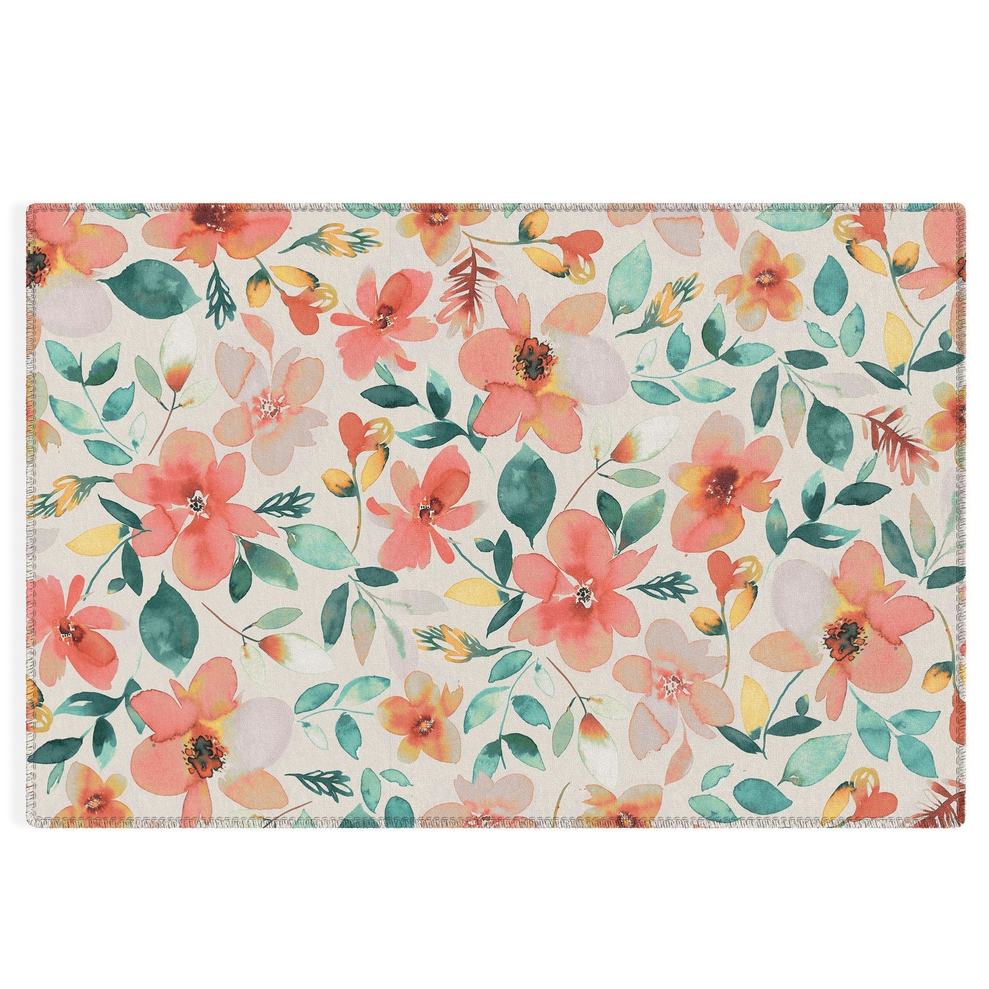Ninola Design Botanic Retreat Tropical Whimsical Flowers Coral Green Outdoor Rug
