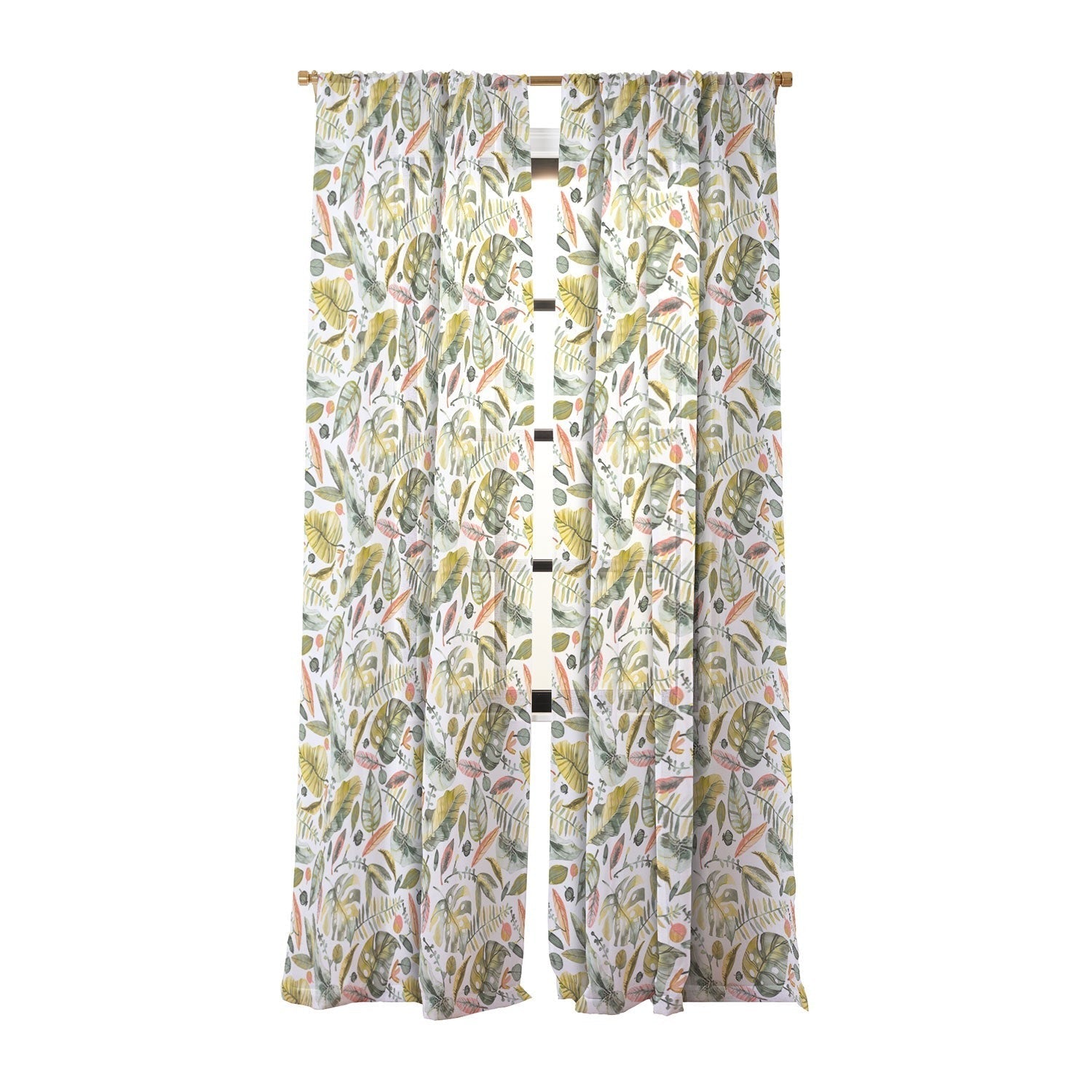 Ninola Design Botanic Retreat Tropical Jungle Leaves Botanical Green Orange Sheer Window Curtain