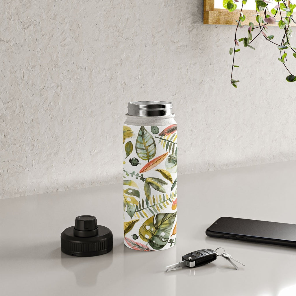 Ninola Design Botanic Retreat Tropical Jungle Leaves Botanical Green Orange Water Bottle