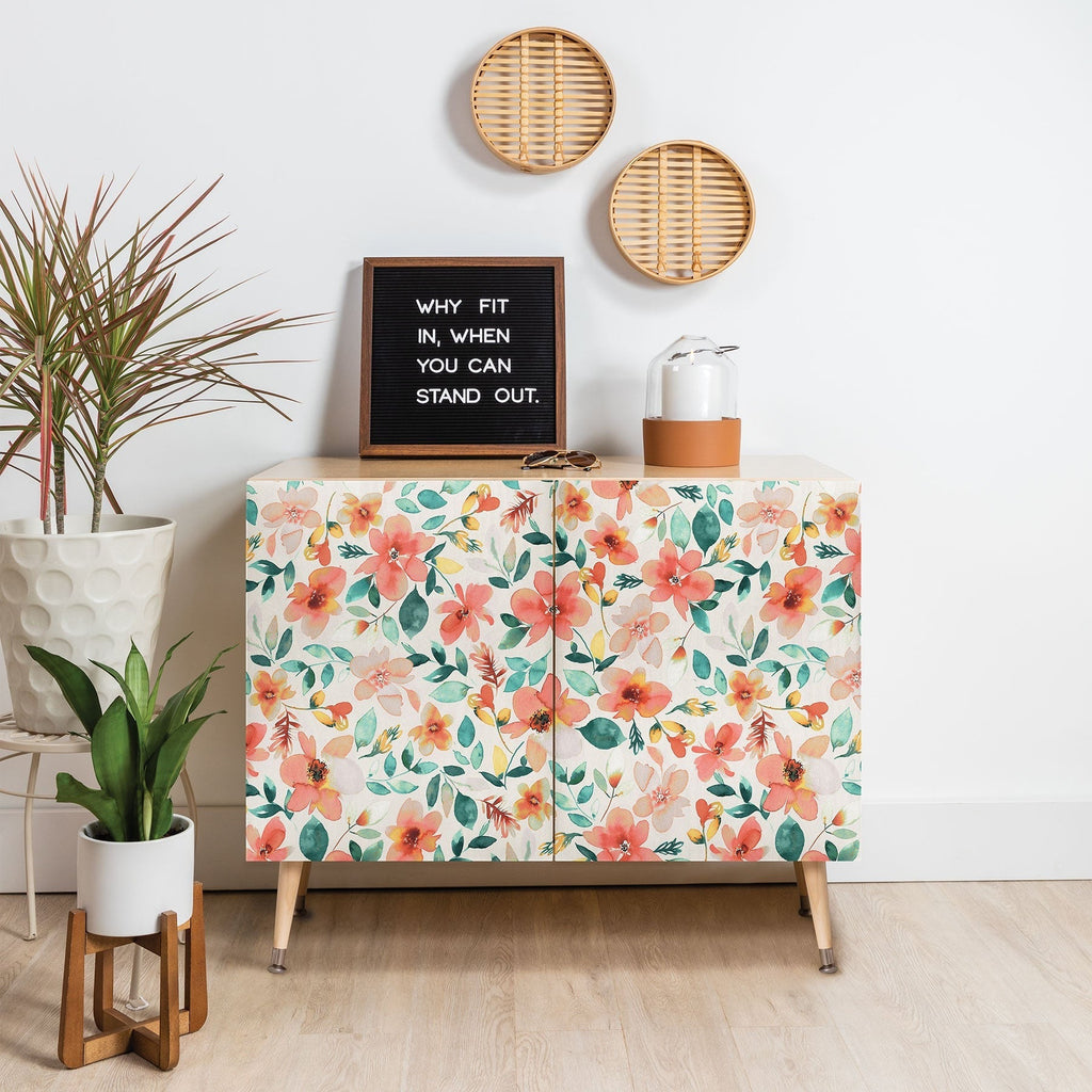 Ninola Design Botanic Retreat Tropical Whimsical Flowers Coral Green Credenza