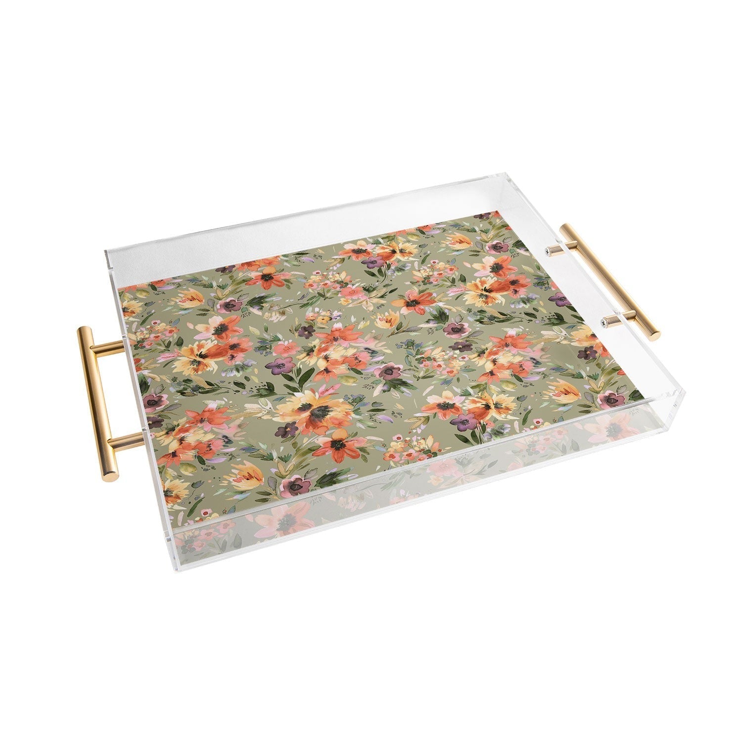 Ninola Design Botanic Retreat Painterly Tropical Flowers Sage Green Acrylic Tray