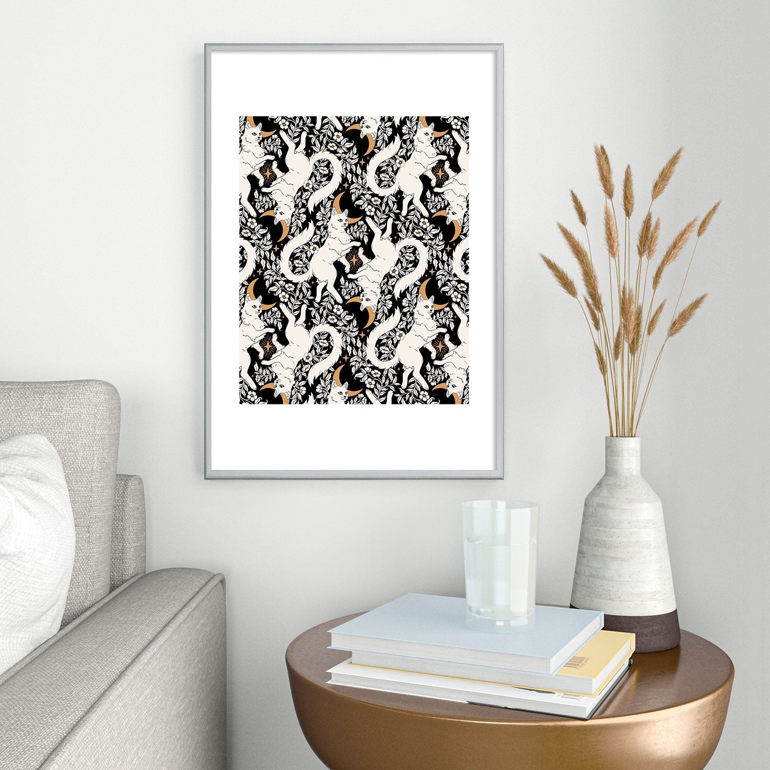 Avenie Celestial Cats Gold Metal Framed Art Print