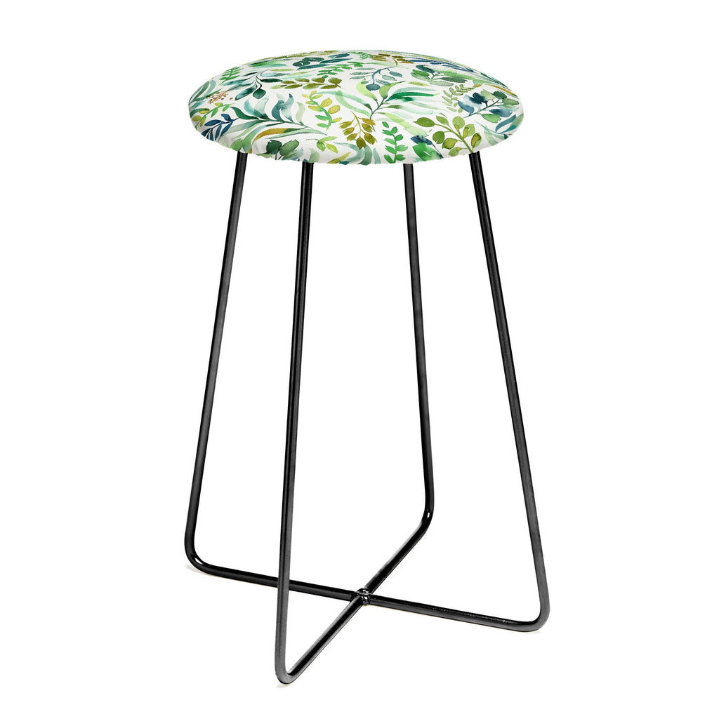 Ninola Design Botanic Retreat Loose Botanical Leaves Watercolor Green Counter Stool