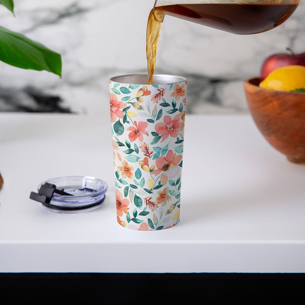 Ninola Design Botanic Retreat Tropical Whimsical Flowers Coral Green Travel Mug