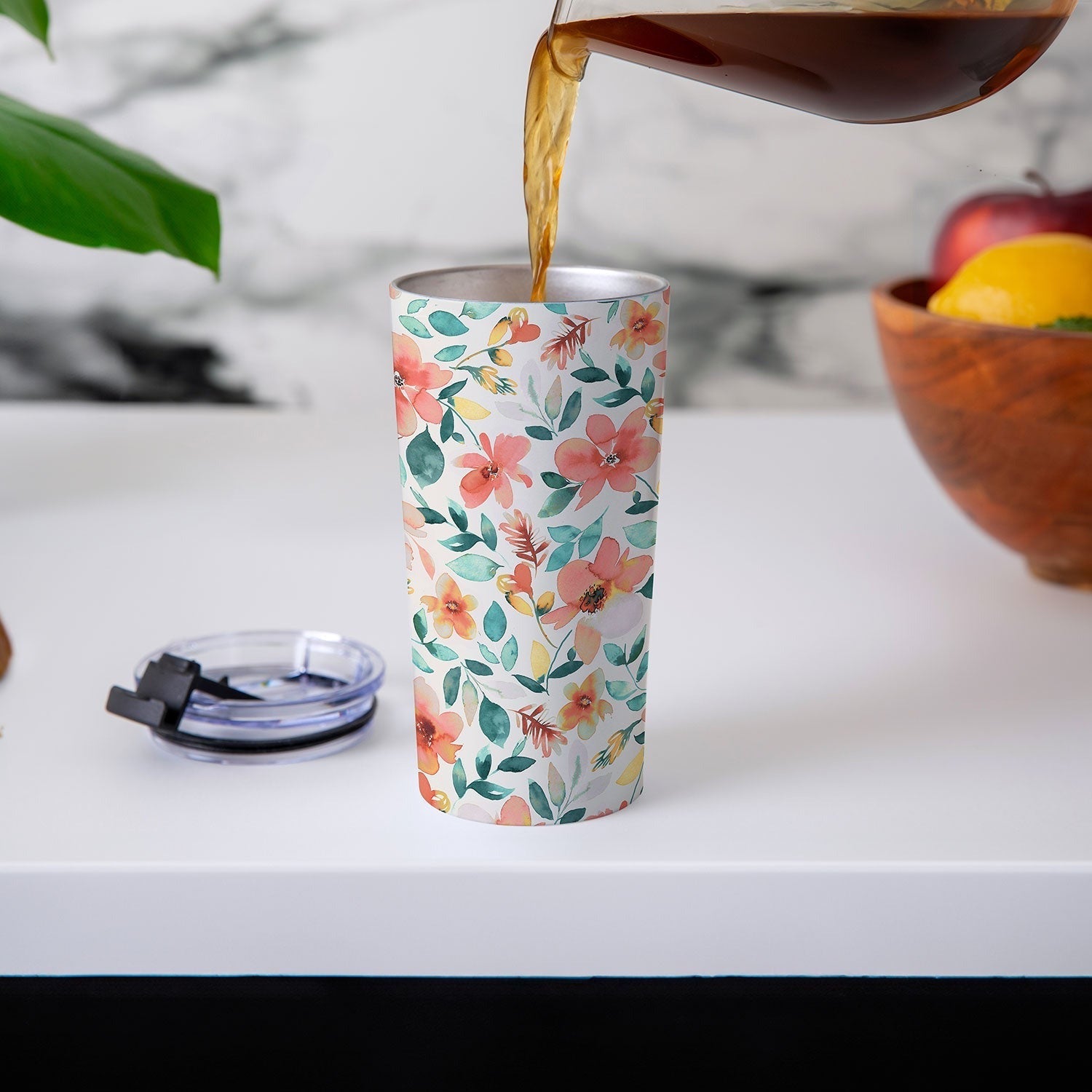 Ninola Design Botanic Retreat Tropical Whimsical Flowers Coral Green Travel Mug
