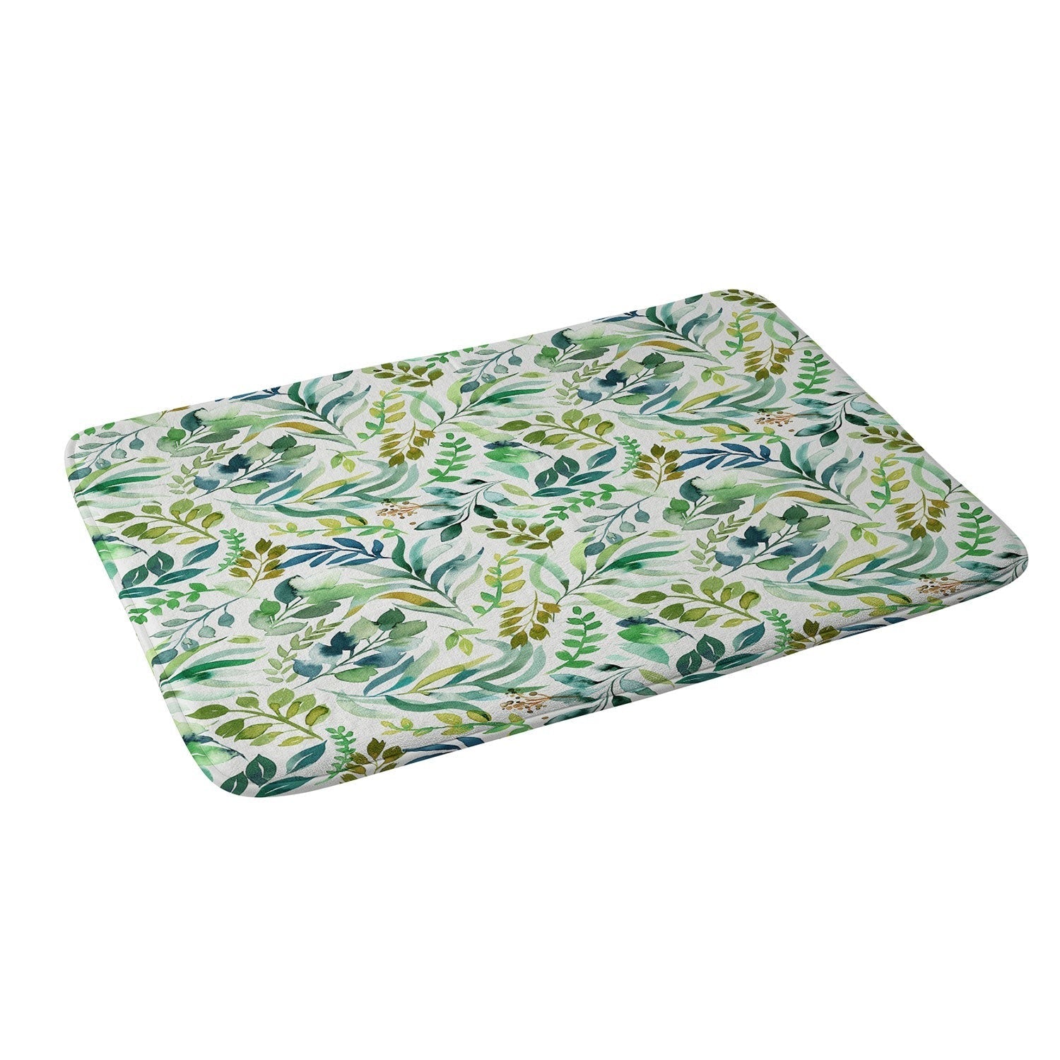 Ninola Design Botanic Retreat Loose Botanical Leaves Watercolor Green Memory Foam Bath Mat