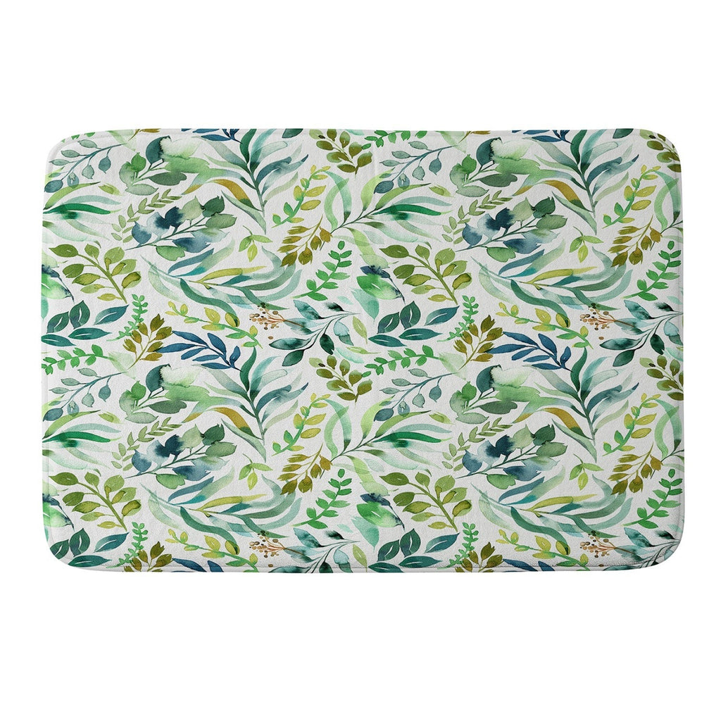 Ninola Design Botanic Retreat Loose Botanical Leaves Watercolor Green Memory Foam Bath Mat