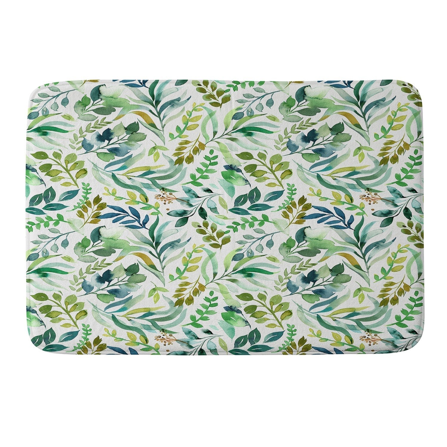 Ninola Design Botanic Retreat Loose Botanical Leaves Watercolor Green Memory Foam Bath Mat