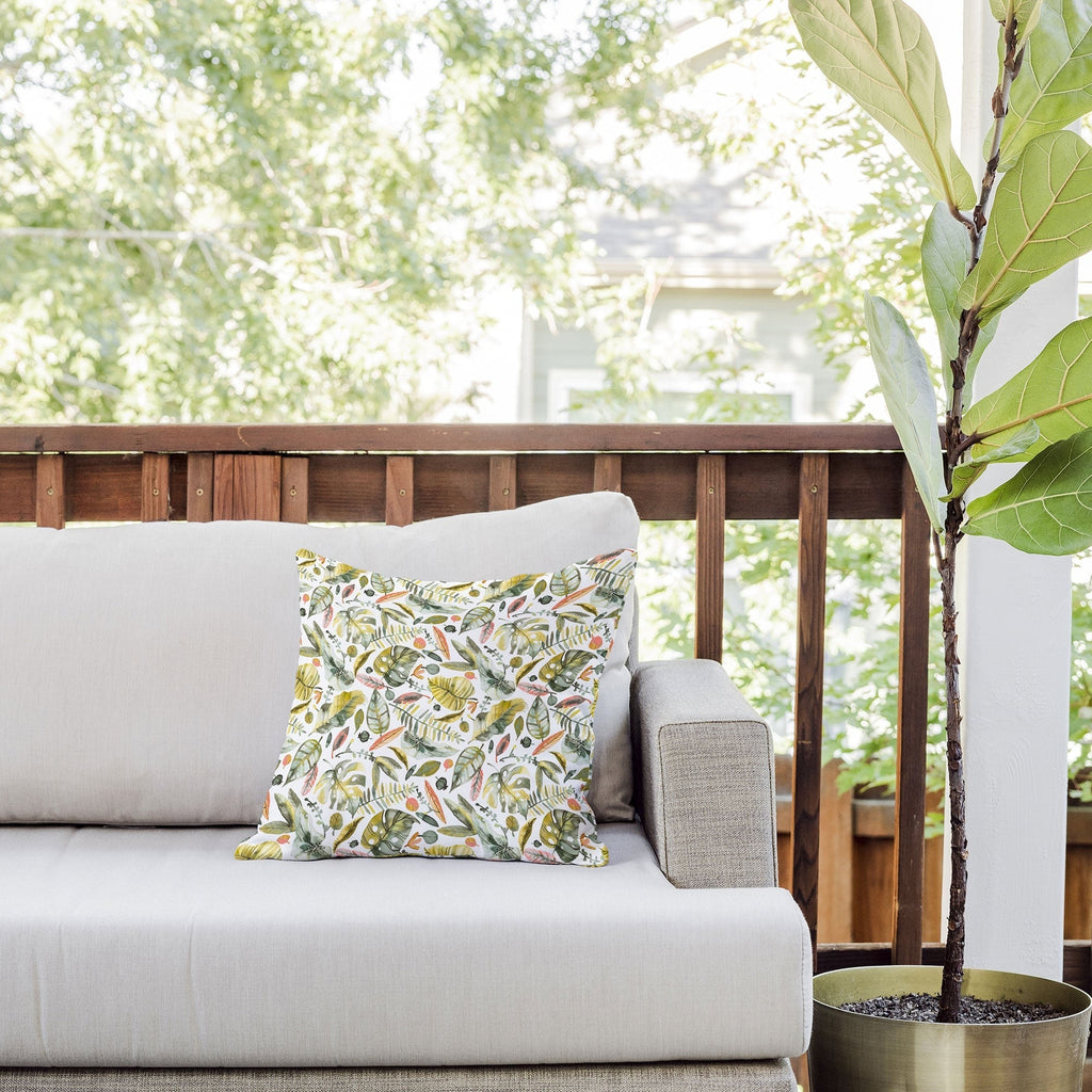 Ninola Design Botanic Retreat Tropical Jungle Leaves Botanical Green Orange Outdoor Throw Pillow