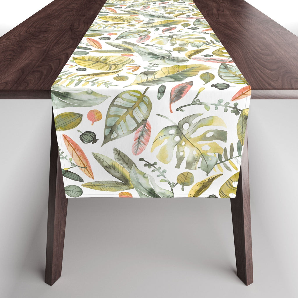 Ninola Design Botanic Retreat Tropical Jungle Leaves Botanical Green Orange Table Runner