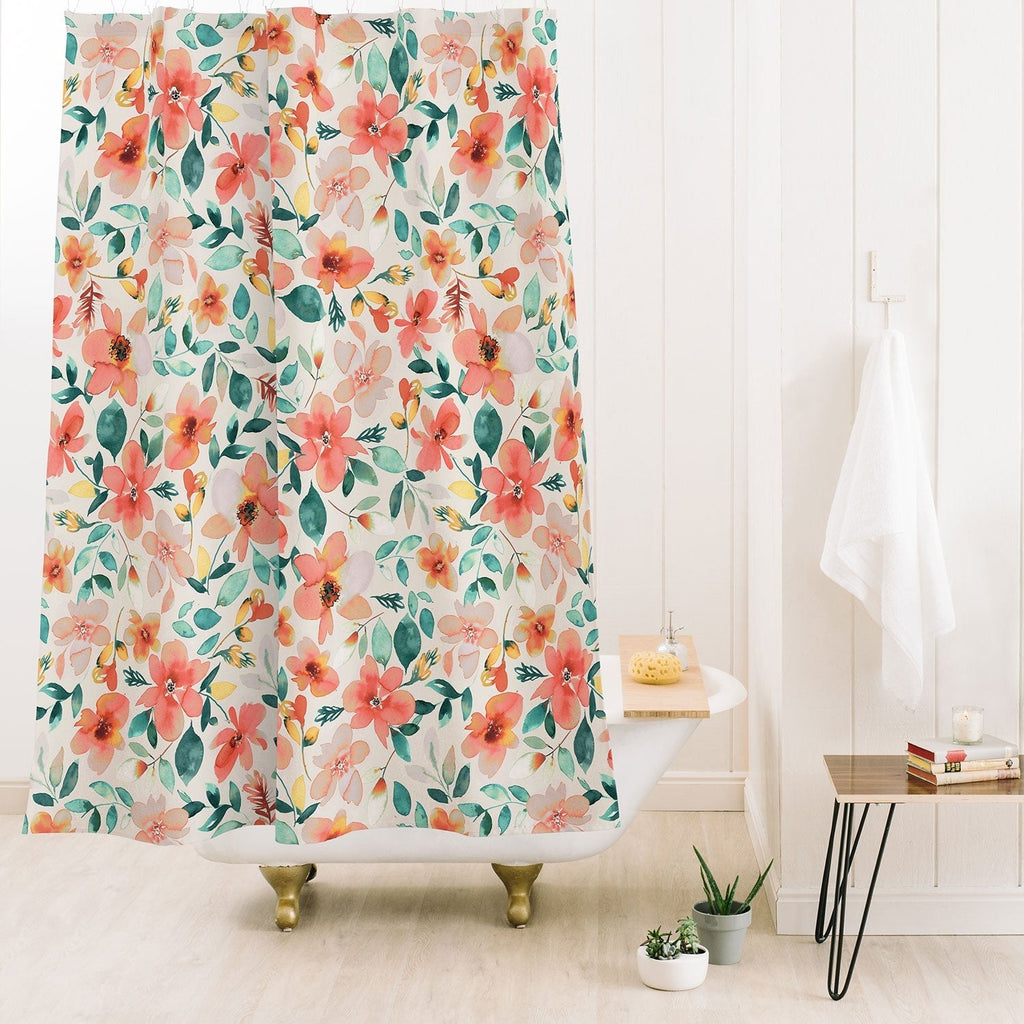 Ninola Design Botanic Retreat Tropical Whimsical Flowers Coral Green Shower Curtain