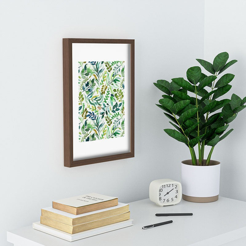 Ninola Design Botanic Retreat Loose Botanical Leaves Watercolor Green Recessed Framing Rectangle