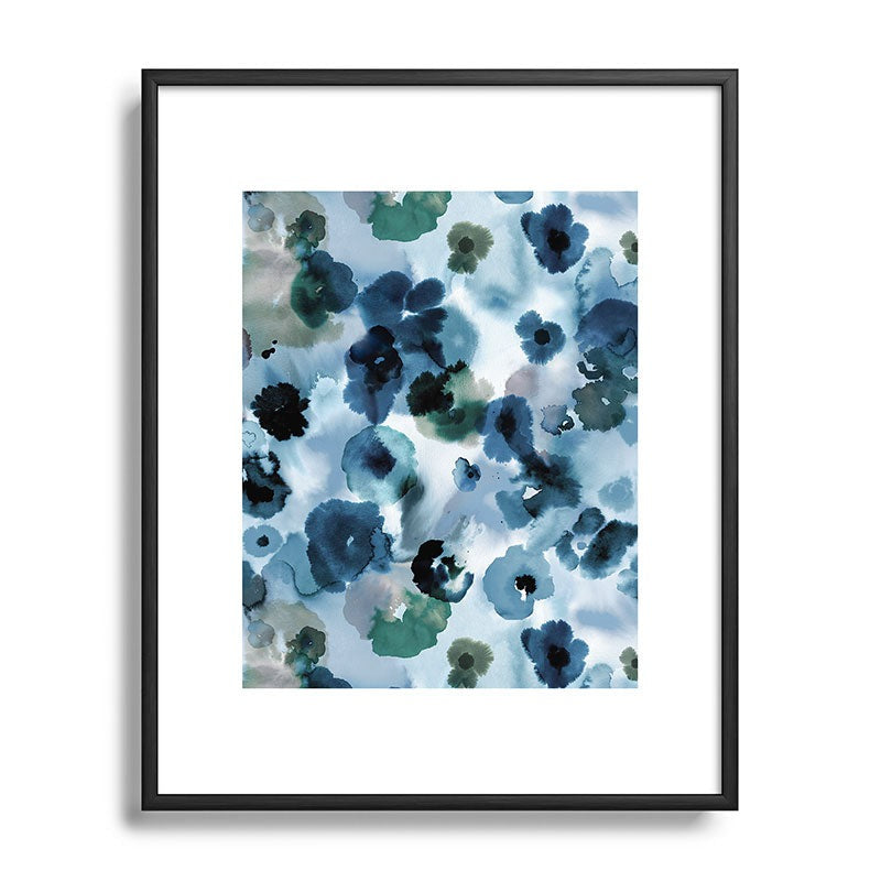 Ninola Design Botanic Retreat Ombre Abstract Watercolor Flowers Blue Navy Metal Framed Art Print