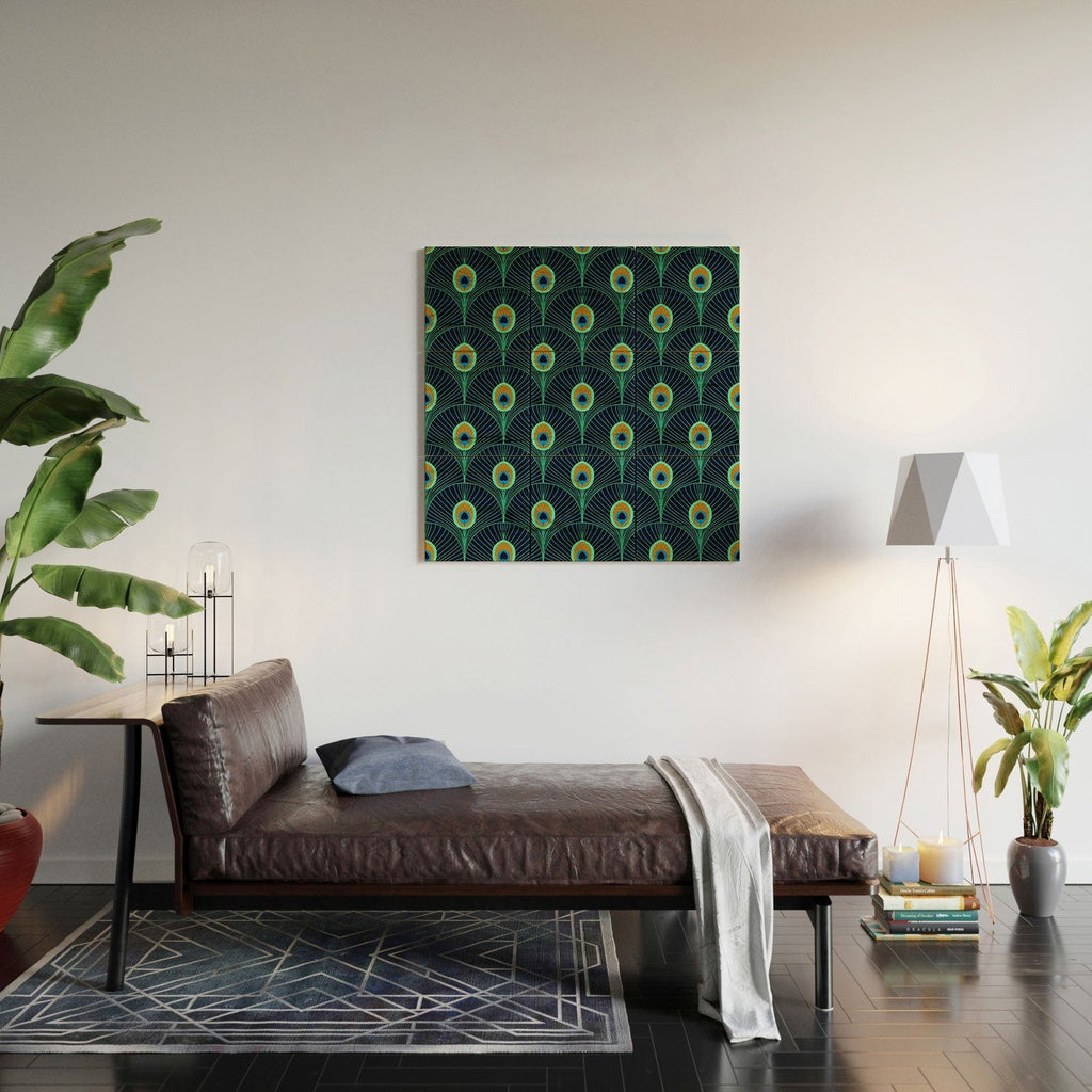 Design by Spark Peacock Deco Feathers Wood Wall Mural