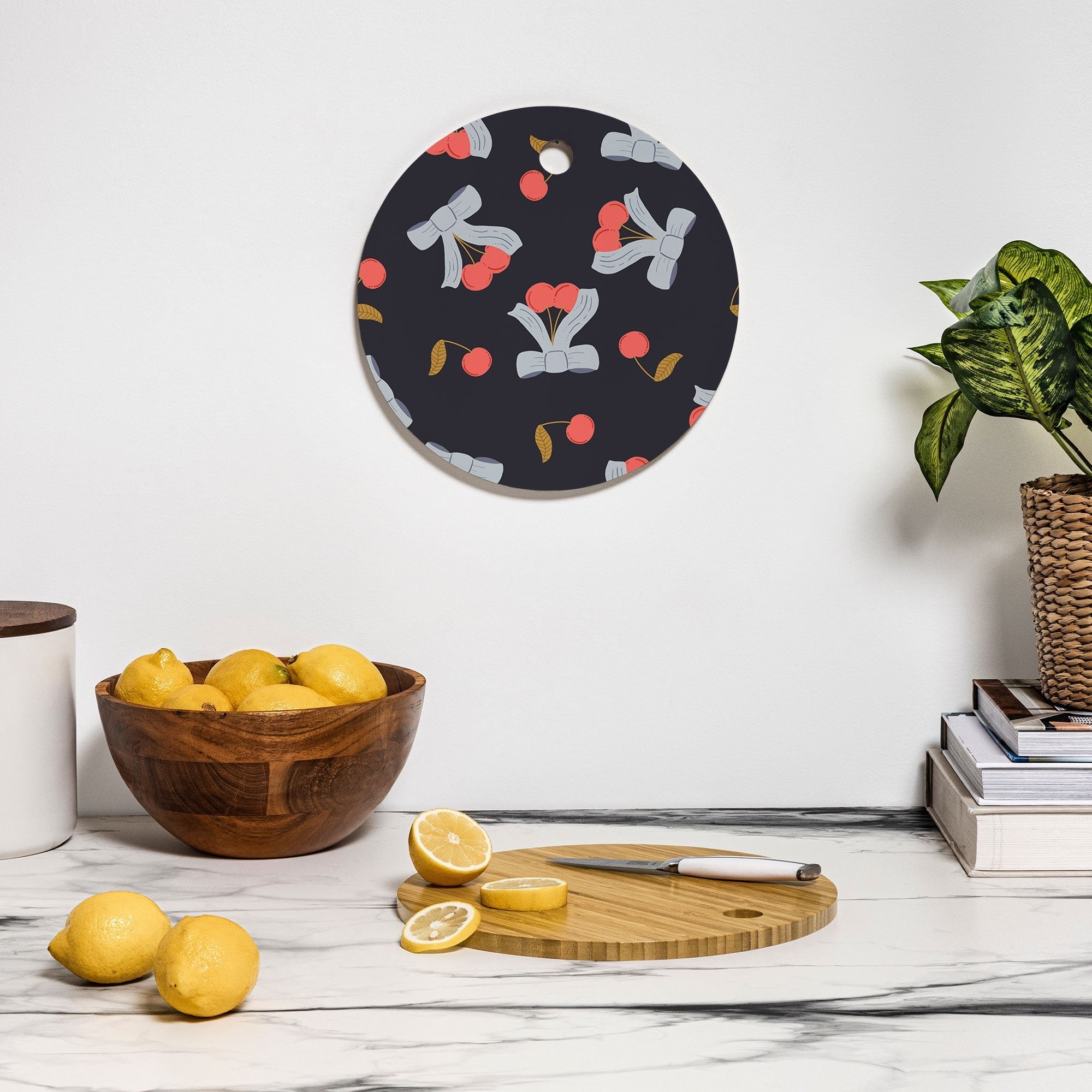 Jennifer Labre Cherries and Bows Cutting Board Round