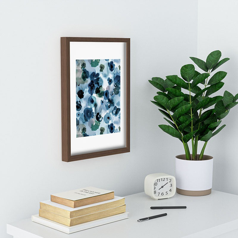 Ninola Design Botanic Retreat Ombre Abstract Watercolor Flowers Blue Navy Recessed Framing Rectangle
