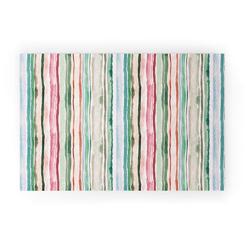 Ninola Design Botanic Retreat Watercolor Stripes Green Orange Red Welcome Mat