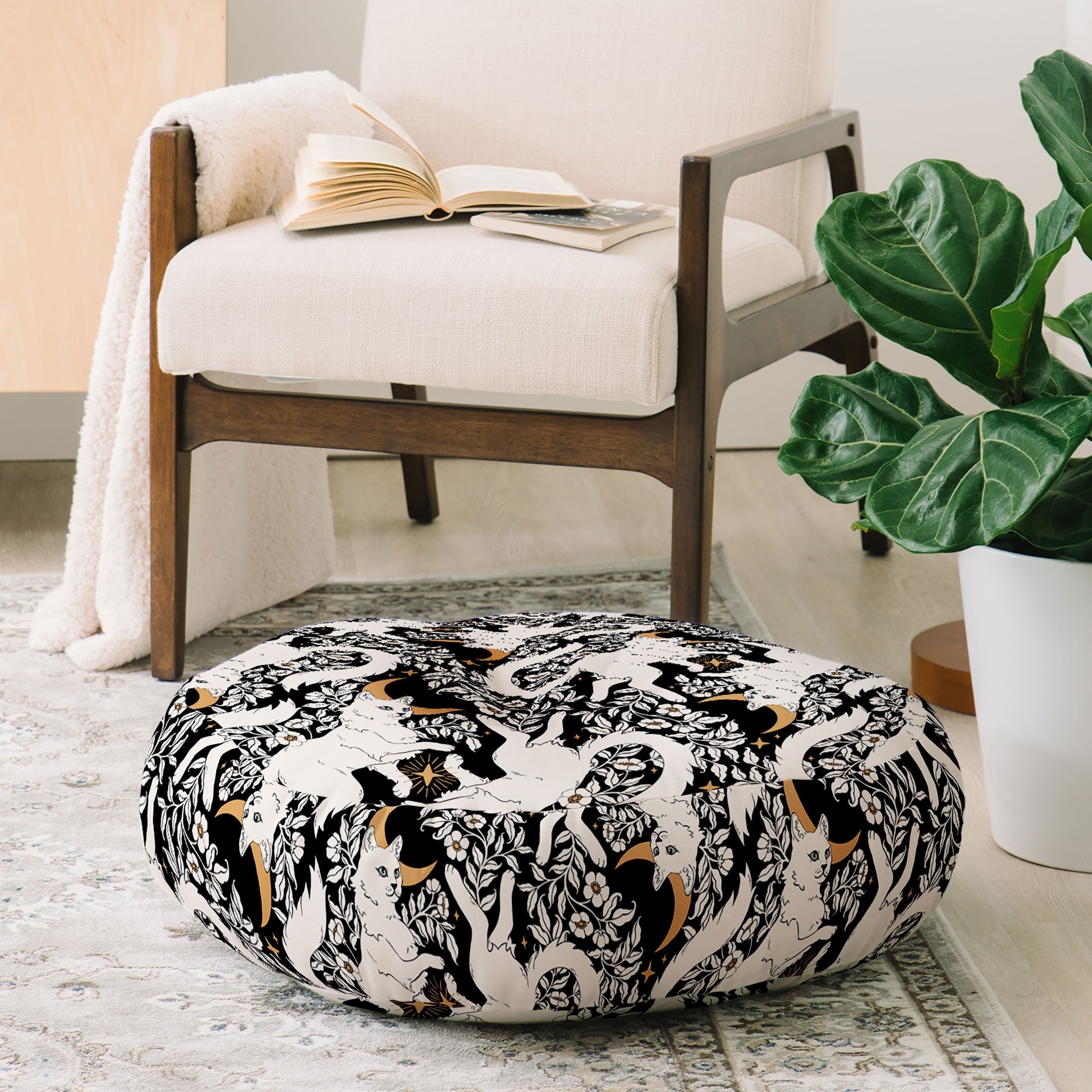 Avenie Celestial Cats Gold Floor Pillow Round