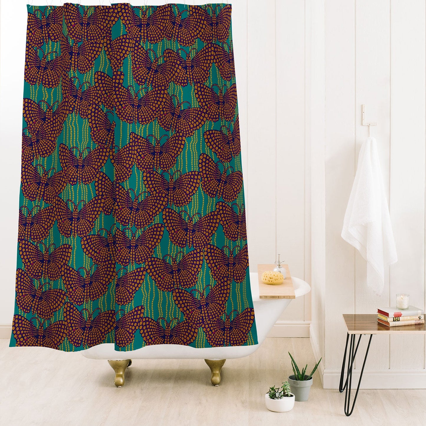 Ruby Door Butterflies And Pearls In Orange Shower Curtain