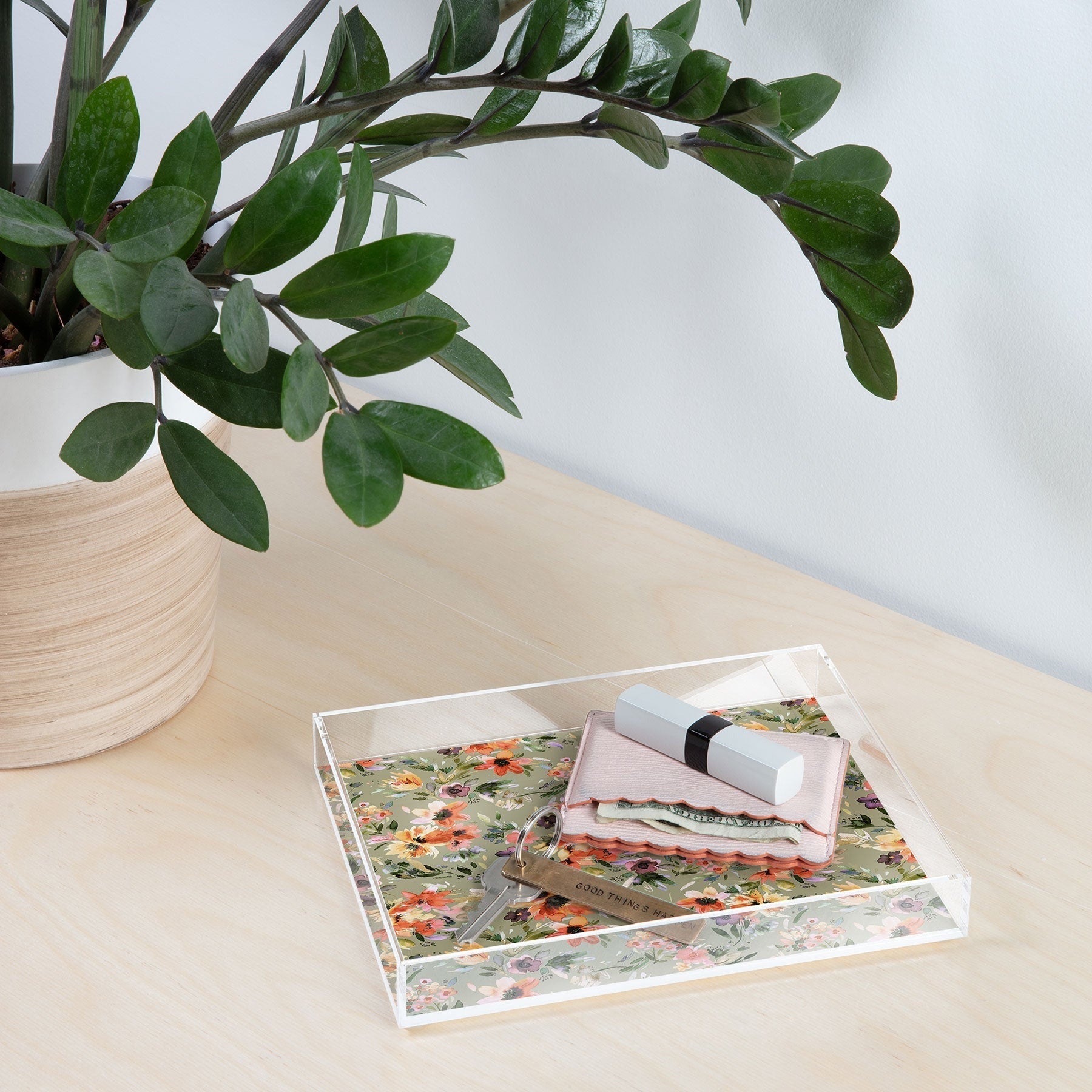 Ninola Design Botanic Retreat Painterly Tropical Flowers Sage Green Acrylic Tray