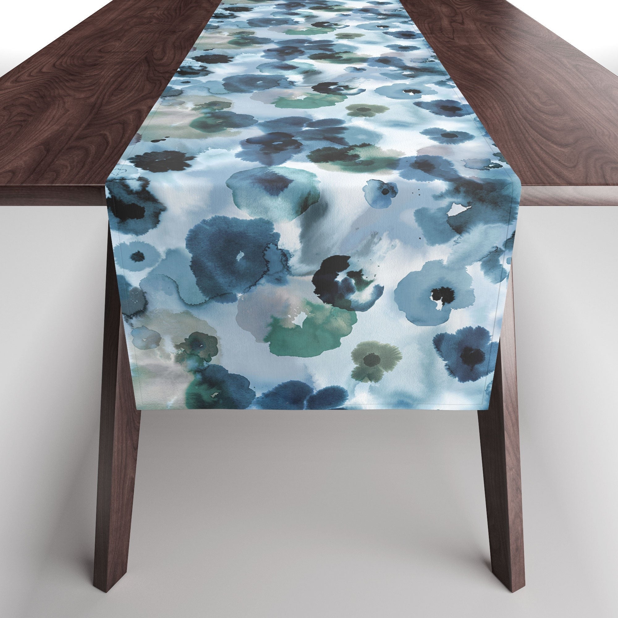 Ninola Design Botanic Retreat Ombre Abstract Watercolor Flowers Blue Navy Table Runner