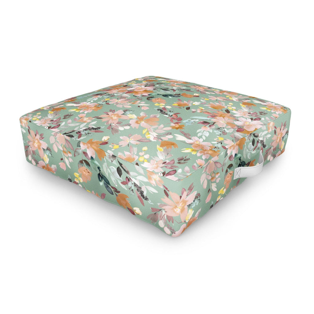 Ninola Design Botanic Retreat Floral Oleander Whimsical Teal Green Outdoor Floor Cushion