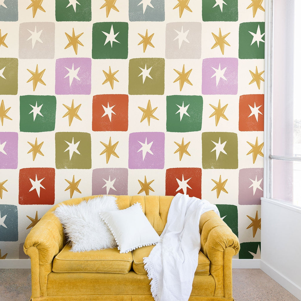 LouBruzzoni Retro Star Block Pattern Wall Mural