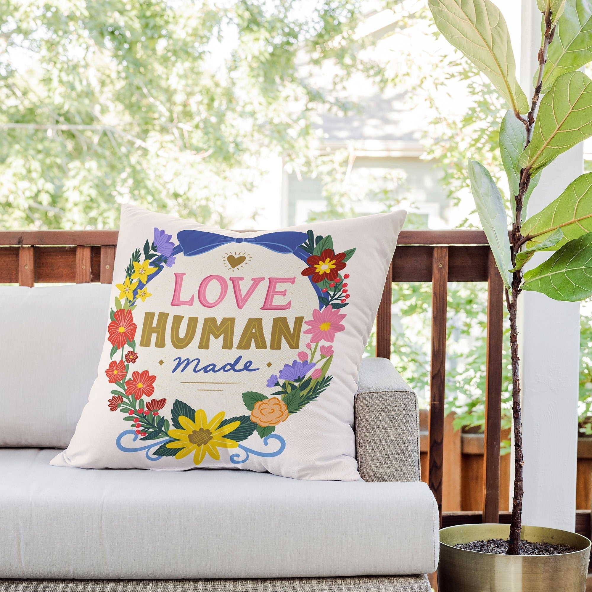 Design by Spark Love Human Made Floral Wreath Outdoor Throw Pillow