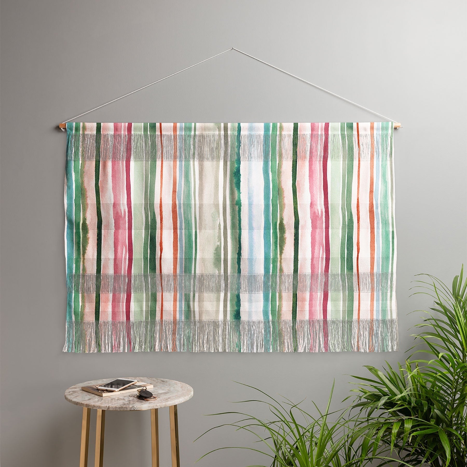 Ninola Design Botanic Retreat Watercolor Stripes Green Orange Red Wall Hanging Landscape