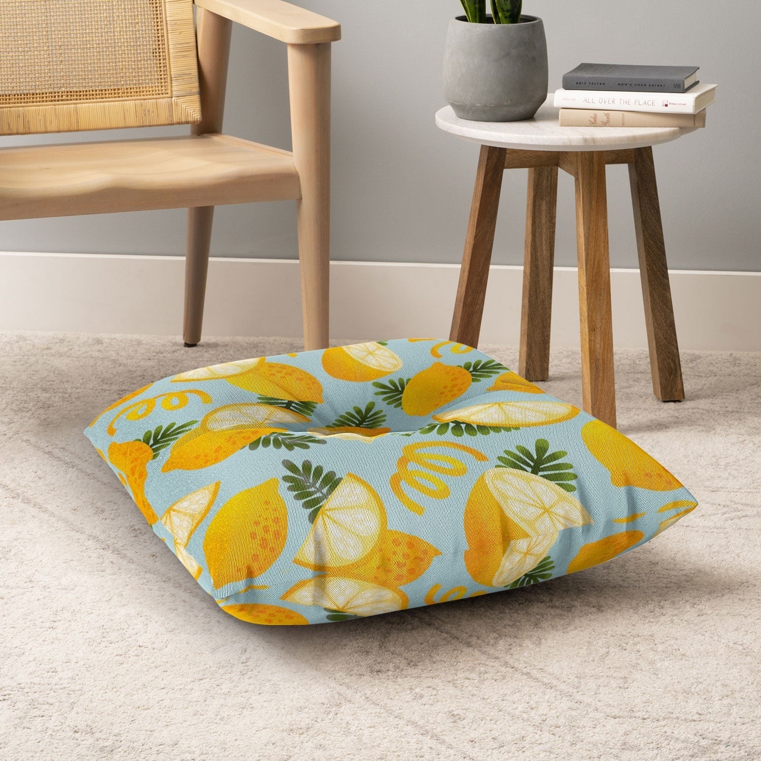 Jessica Molina Lemon Pattern on Sky Blue Floor Pillow Square