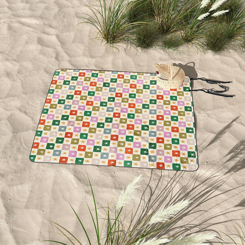 LouBruzzoni Retro Star Block Pattern Picnic Blanket