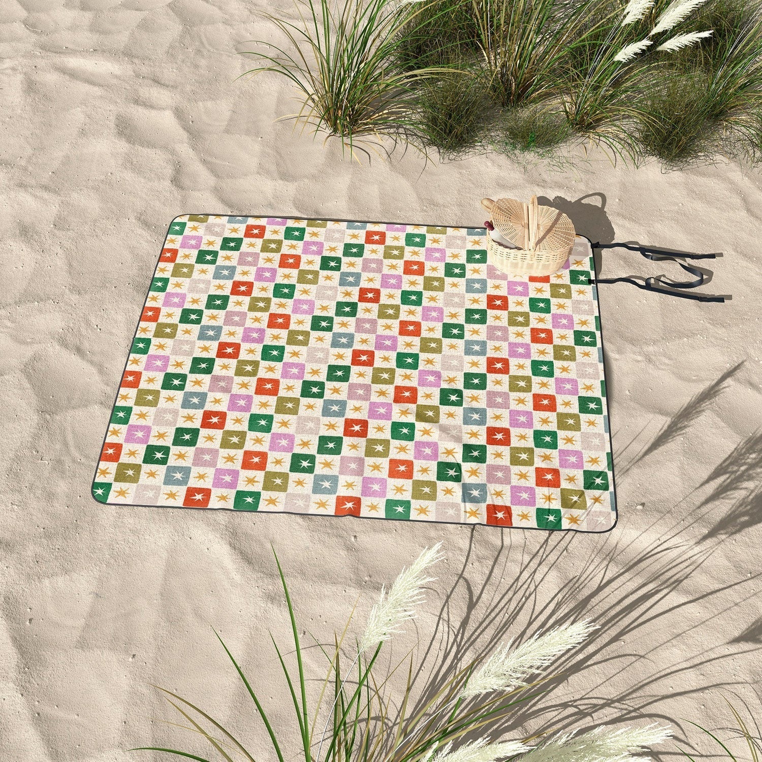 LouBruzzoni Retro Star Block Pattern Picnic Blanket