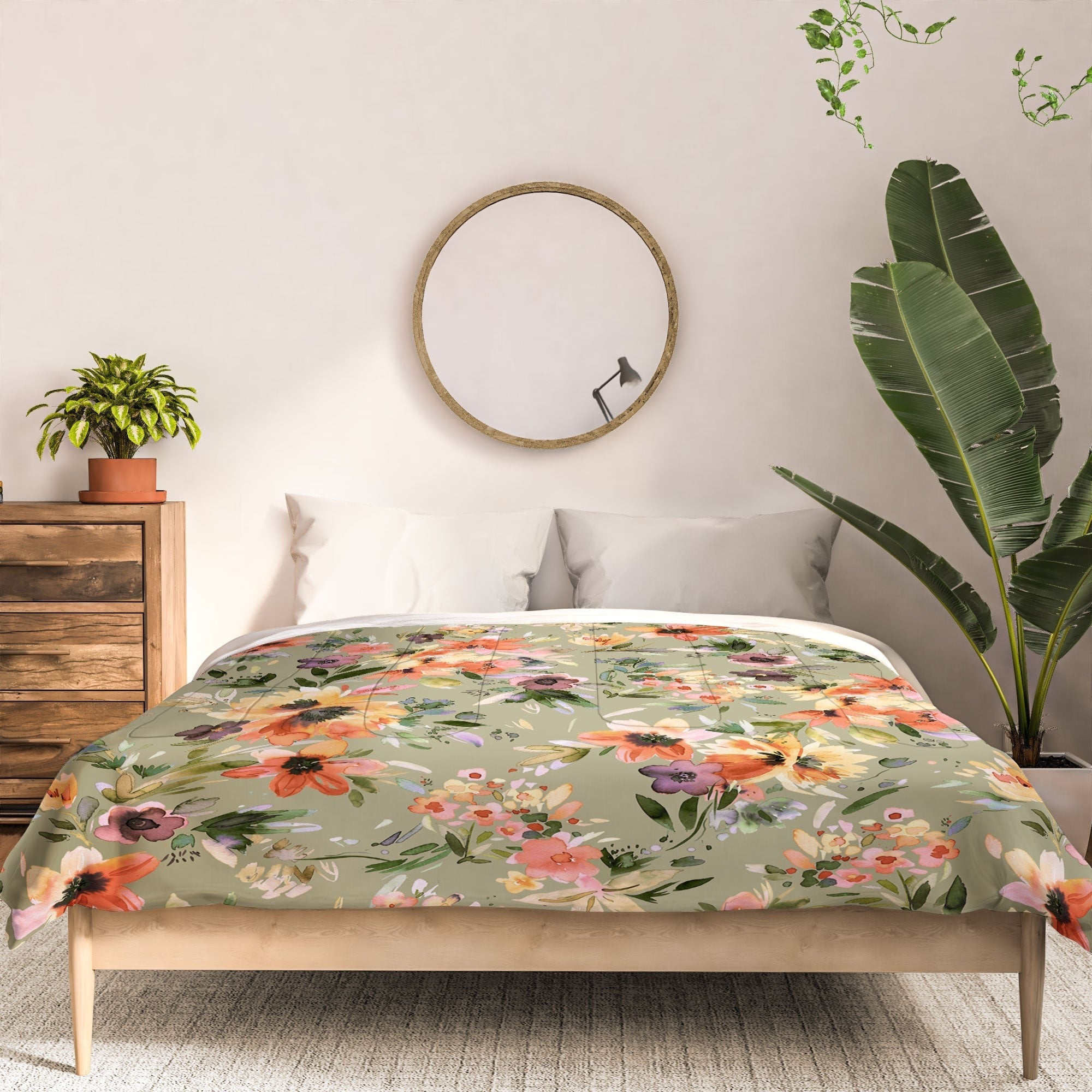Ninola Design Botanic Retreat Painterly Tropical Flowers Sage Green Comforter