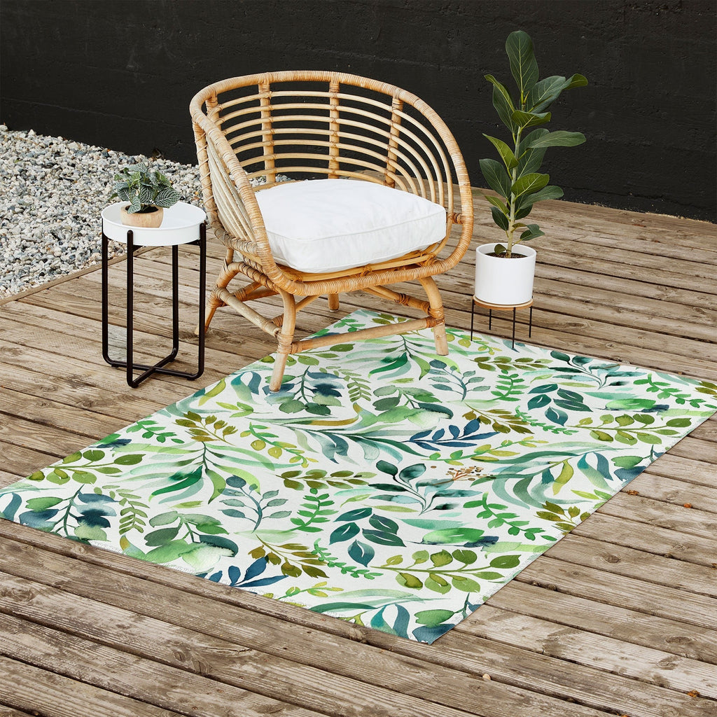 Ninola Design Botanic Retreat Loose Botanical Leaves Watercolor Green Outdoor Rug