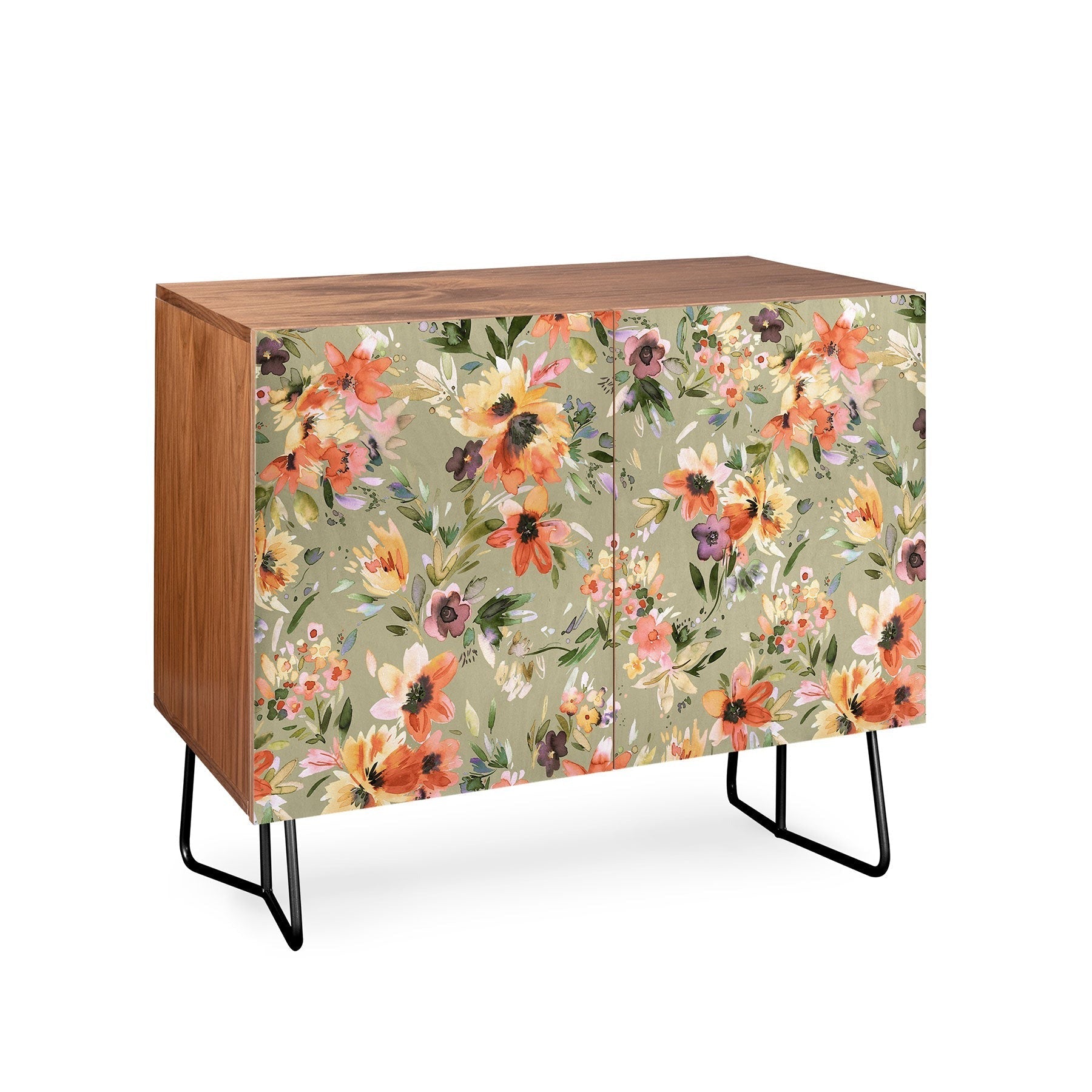 Ninola Design Botanic Retreat Painterly Tropical Flowers Sage Green Credenza