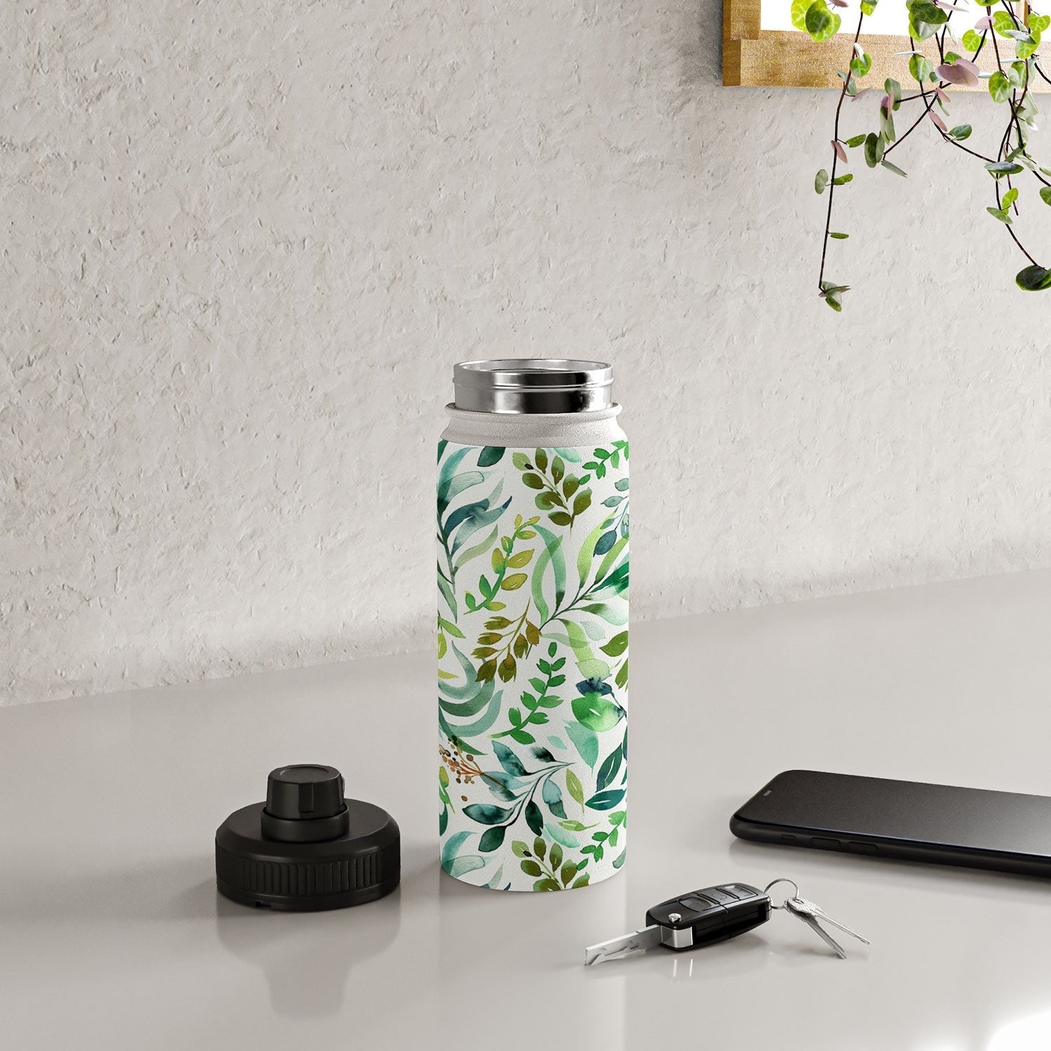 Ninola Design Botanic Retreat Loose Botanical Leaves Watercolor Green Water Bottle